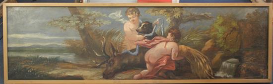 English School c.1900 Putti in classical landscapes, 17.5 x 66.5in, one 17.5 x 64in.